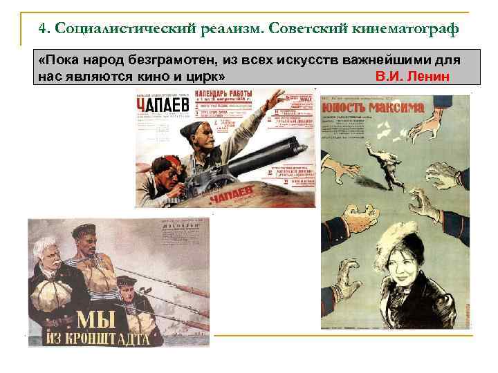 4. Социалистический реализм. Советский кинематограф «Пока народ безграмотен, из всех искусств важнейшими для нас