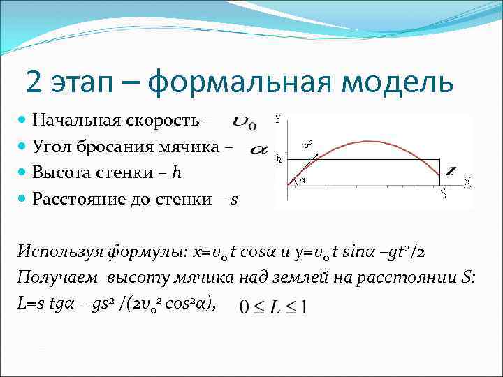 2 этап – формальная модель Начальная скорость – Угол бросания мячика – Высота стенки