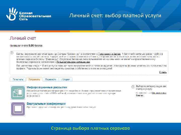 Личный счет: выбор платной услуги Страница выбора платных сервисов 