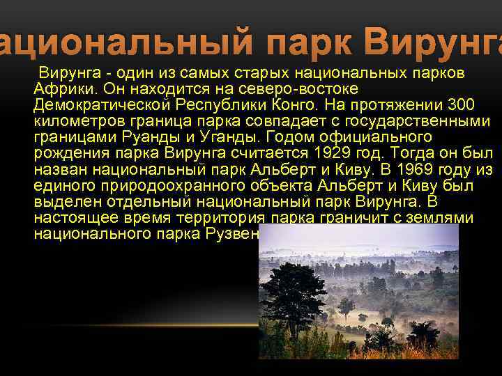 ациональный парк Вирунга - один из самых старых национальных парков Африки. Он находится на