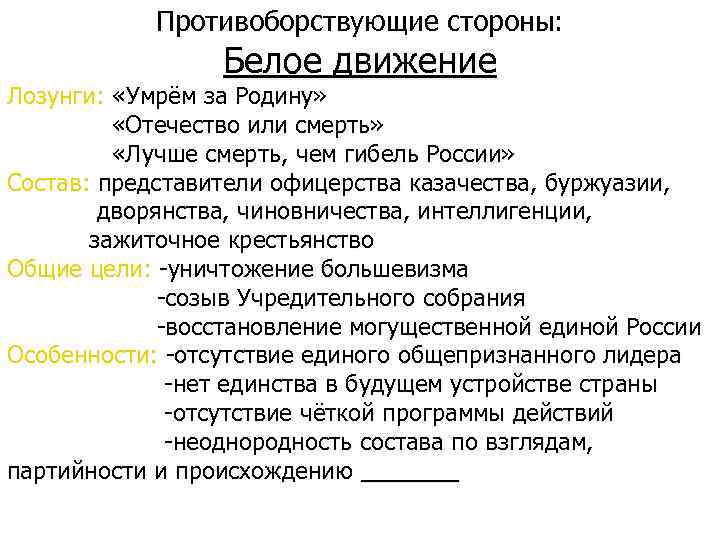 Противоборствующие стороны: Белое движение Лозунги: «Умрём за Родину» «Отечество или смерть» «Лучше смерть, чем