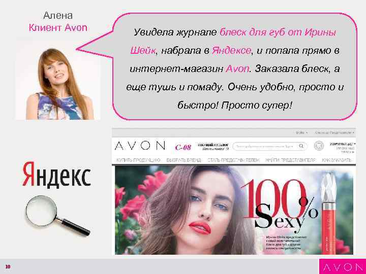 Алена Клиент Avon Увидела журнале блеск для губ от Ирины Шейк, набрала в Яндексе,