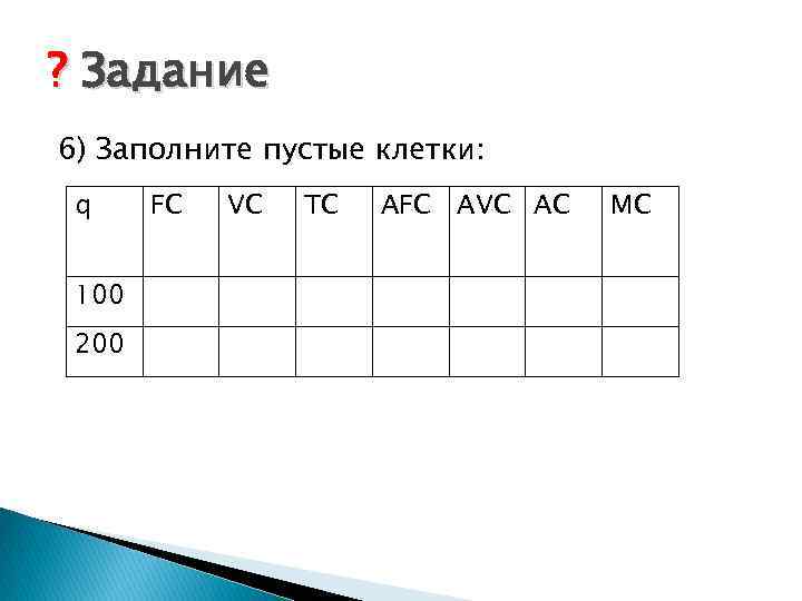 ? Задание 6) Заполните пустые клетки: q 100 200 FC VC TC AFC AVC