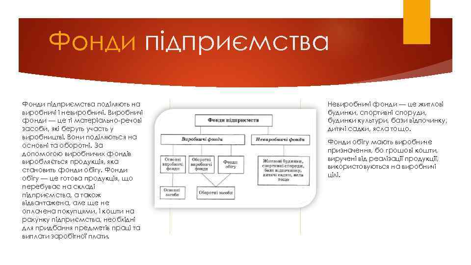 Фонди підприємства поділяють на виробничі і невиробничі. Виробничі фонди — це ті матеріально-речові засоби,