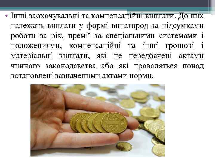  • Інші заохочувальні та компенсаційні виплати. До них належать виплати у формі винагород
