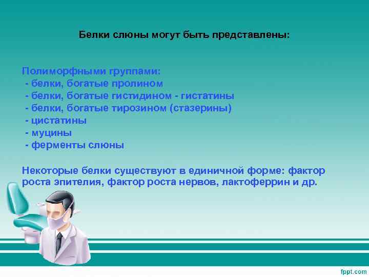 Белки слюны могут быть представлены: Полиморфными группами: - белки, богатые пролином - белки, богатые