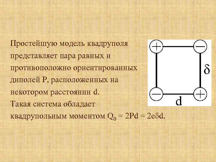 Простейшую модель квадруполя представляет пара равных и противоположно ориентированных диполей Р, расположенных на некотором