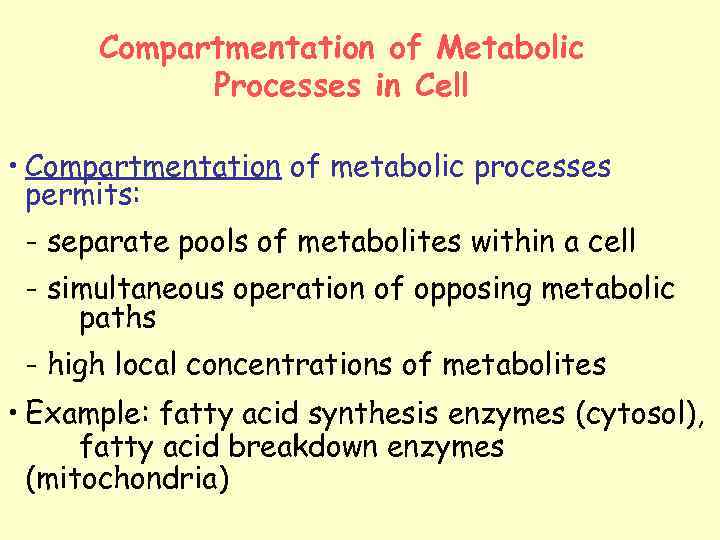 Compartmentation of Metabolic Processes in Cell • Compartmentation of metabolic processes permits: - separate