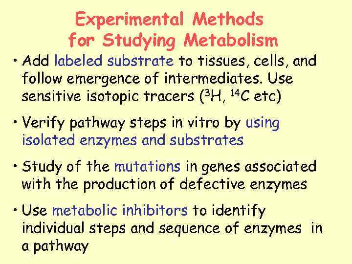 Experimental Methods for Studying Metabolism • Add labeled substrate to tissues, cells, and follow