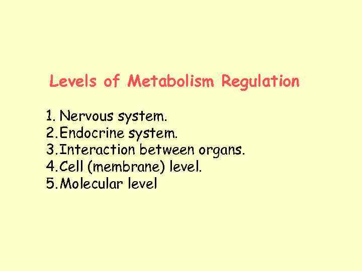 Levels of Metabolism Regulation 1. Nervous system. 2. Endocrine system. 3. Interaction between organs.