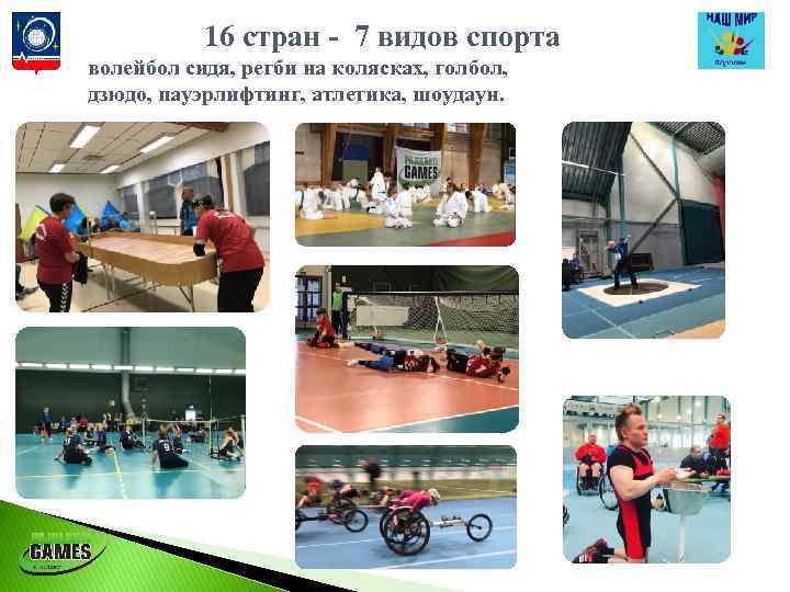 16 стран - 7 видов спорта волейбол сидя, регби на колясках, голбол, дзюдо, пауэрлифтинг,