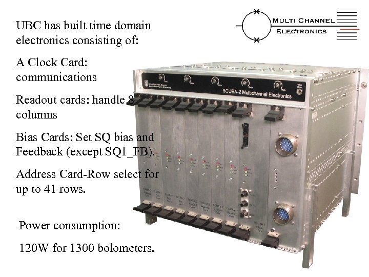 UBC has built time domain electronics consisting of: A Clock Card: communications Readout cards: