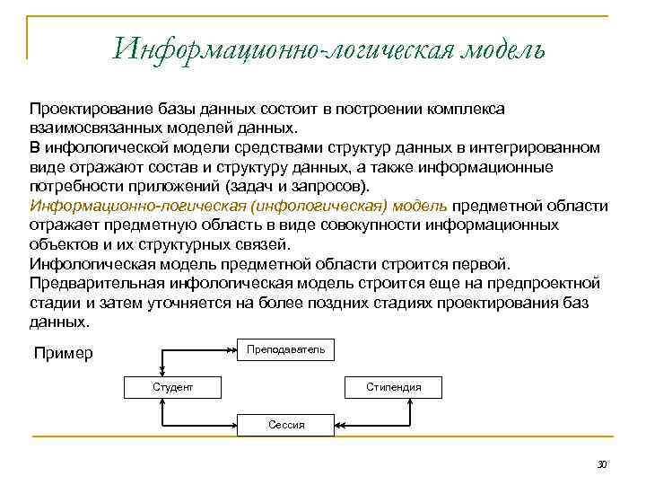 Информационно-логическая модель Проектирование базы данных состоит в построении комплекса взаимосвязанных моделей данных. В инфологической