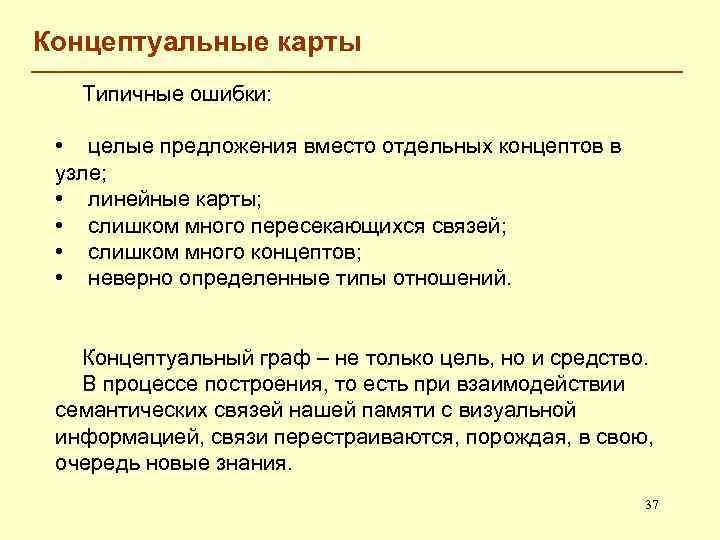 Концептуальные карты Типичные ошибки: • целые предложения вместо отдельных концептов в узле; • линейные