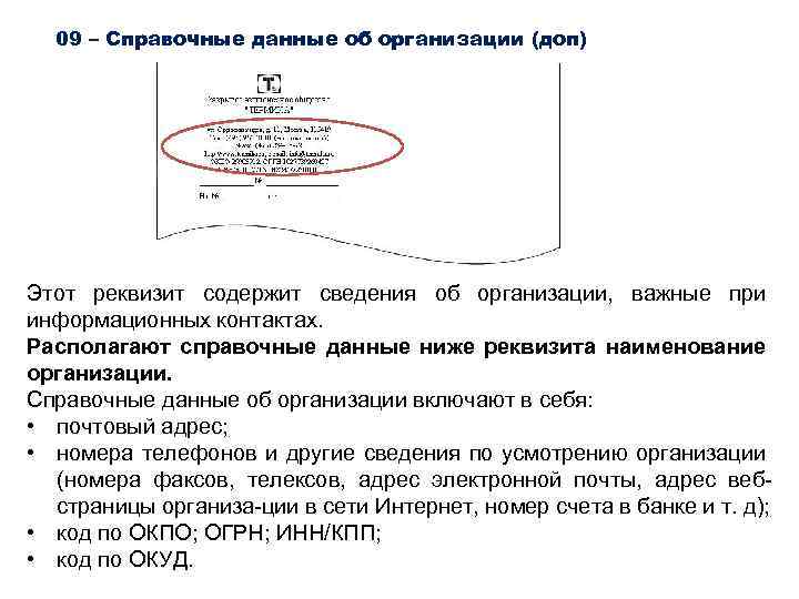 09 – Справочные данные об организации (доп) Этот реквизит содержит сведения об организации, важные