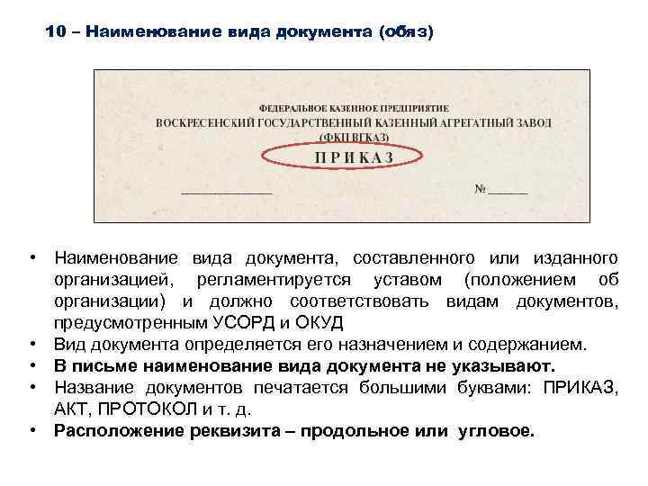 10 – Наименование вида документа (обяз) • Наименование вида документа, составленного или изданного организацией,