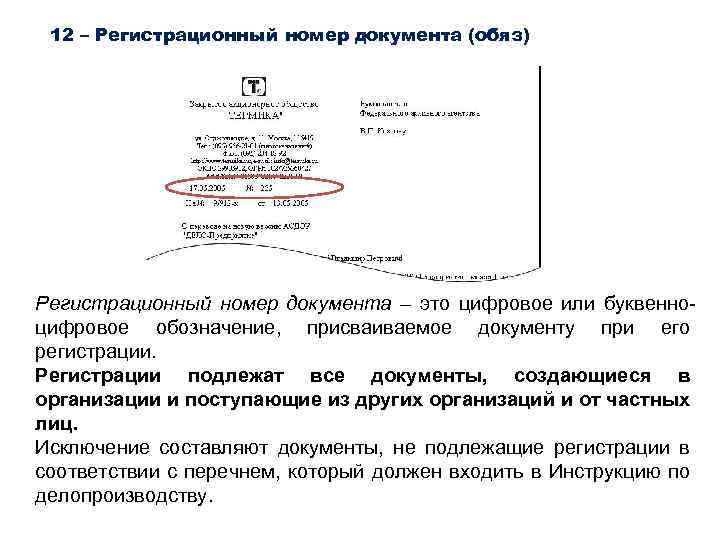 12 – Регистрационный номер документа (обяз) Регистрационный номер документа – это цифровое или буквенно