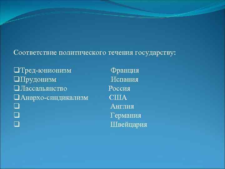 Соответствие политического течения государству: q Тред-юнионизм q Прудонизм q Лассальянство q Анархо-синдикализм q q