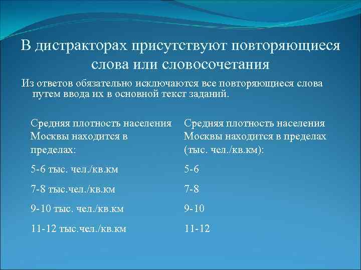 В дистракторах присутствуют повторяющиеся слова или словосочетания Из ответов обязательно исключаются все повторяющиеся слова