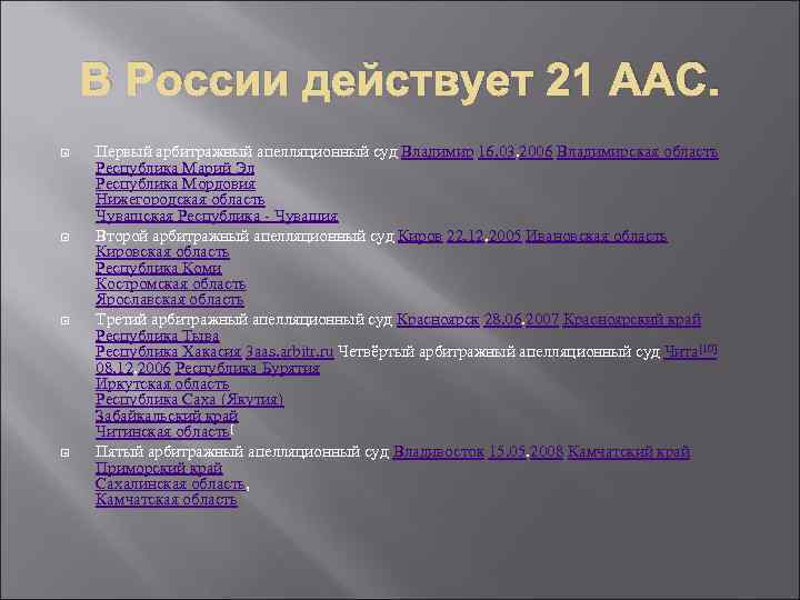 В России действует 21 ААС. Первый арбитражный апелляционный суд Владимир 16. 03. 2006 Владимирская