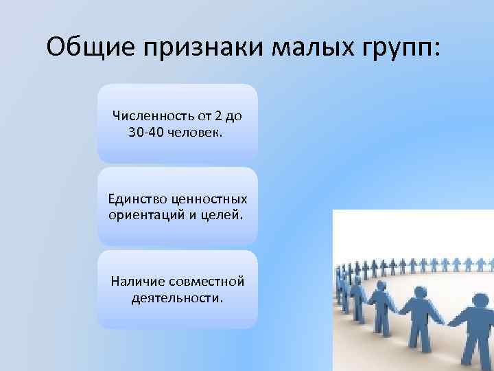 Общие признаки малых групп: Численность от 2 до 30 -40 человек. Единство ценностных ориентаций