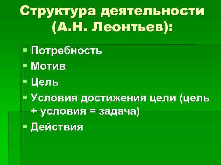 Структура деятельности (А. Н. Леонтьев): § Потребность § Мотив § Цель § Условия достижения