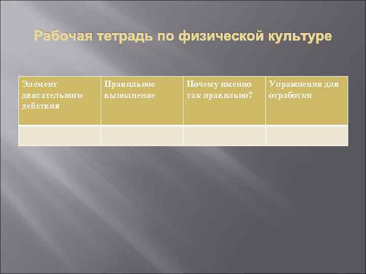 Рабочая тетрадь по физической культуре Элемент двигательного действия Правильное выполнение Почему именно так правильно?