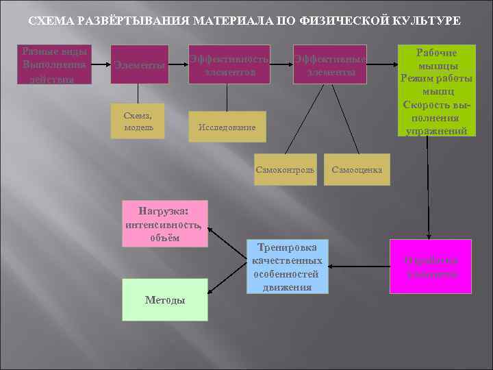 СХЕМА РАЗВЁРТЫВАНИЯ МАТЕРИАЛА ПО ФИЗИЧЕСКОЙ КУЛЬТУРЕ Разные виды Выполнения действия Элементы Схема, модель Эффективность