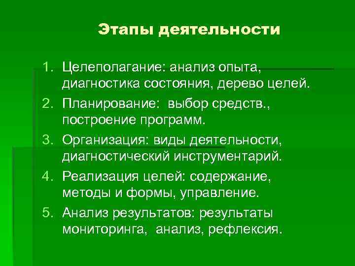 Этапы деятельности 1. Целеполагание: анализ опыта, диагностика состояния, дерево целей. 2. Планирование: выбор средств.