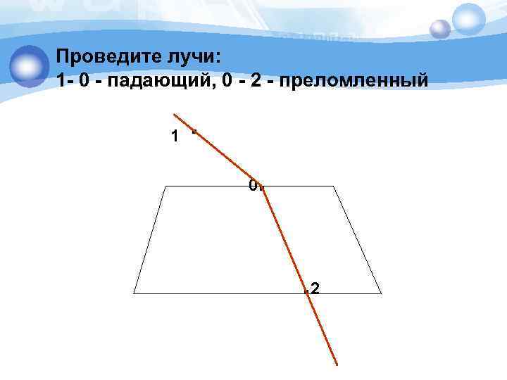 Проведите лучи: 1 - 0 - падающий, 0 - 2 - преломленный 1 .