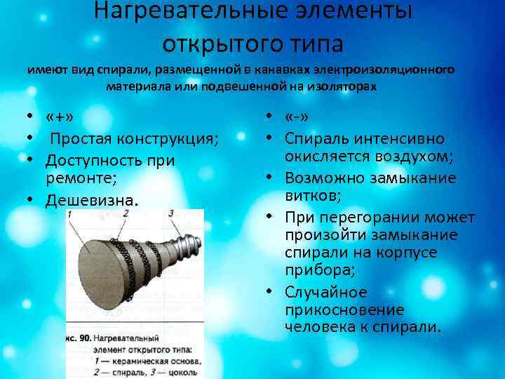 Нагревательные элементы открытого типа имеют вид спирали, размещенной в канавках электроизоляционного материала или подвешенной