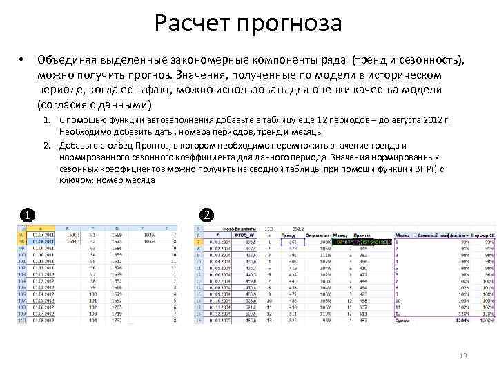 Расчет прогноза • Объединяя выделенные закономерные компоненты ряда (тренд и сезонность), можно получить прогноз.