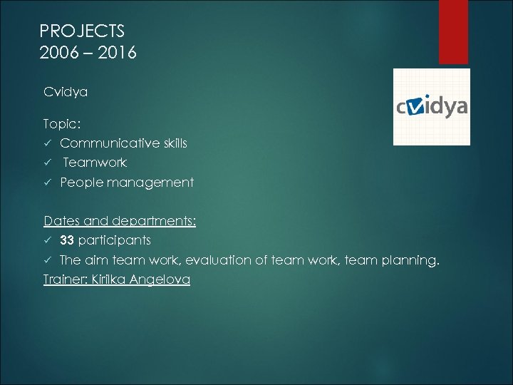 PROJECTS 2006 – 2016 Cvidya Topic: ü ü ü Communicative skills Teamwork People management