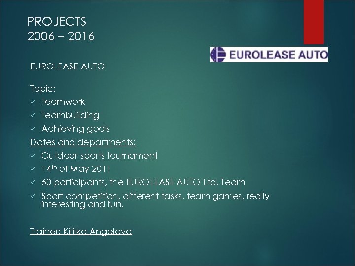 PROJECTS 2006 – 2016 EUROLEASE AUTO Topic: ü Teamwork ü Teambuilding ü Achieving goals