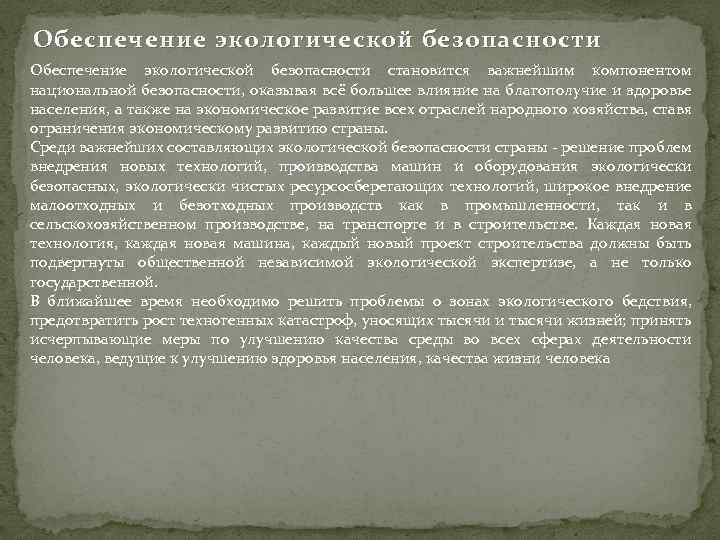 Обеспечение экологической безопасности становится важнейшим компонентом национальной безопасности, оказывая всё большее влияние на благополучие