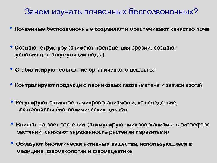 Зачем изучать почвенных беспозвоночных? • Почвенные беспозвоночные сохраняют и обеспечивают качество почв • Создают