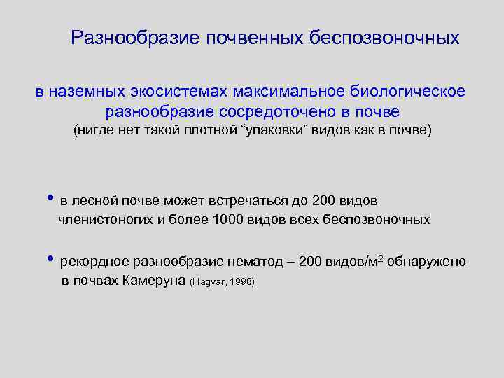 Разнообразие почвенных беспозвоночных в наземных экосистемах максимальное биологическое разнообразие сосредоточено в почве (нигде нет