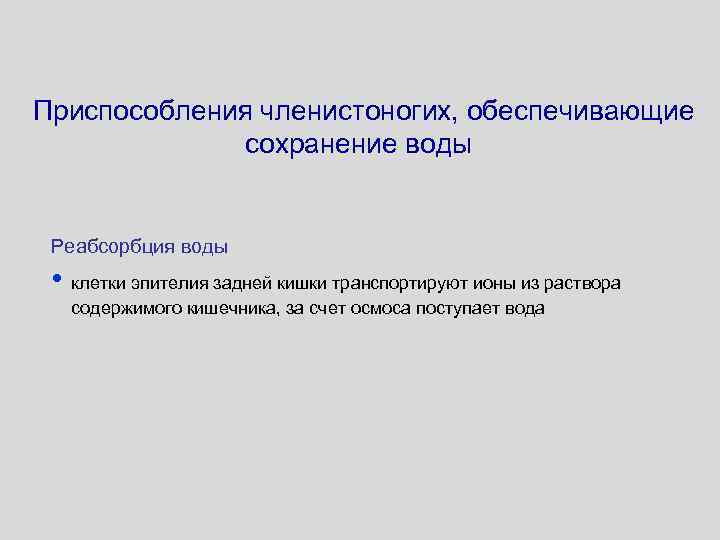 Приспособления членистоногих, обеспечивающие сохранение воды Реабсорбция воды • клетки эпителия задней кишки транспортируют ионы