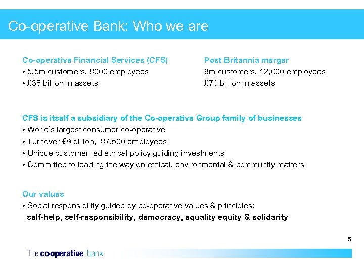 Co-operative Bank: Who we are Co-operative Financial Services (CFS) • 5. 5 m customers,