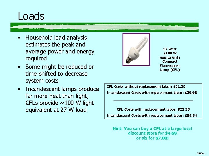 Loads • Household load analysis estimates the peak and average power and energy required