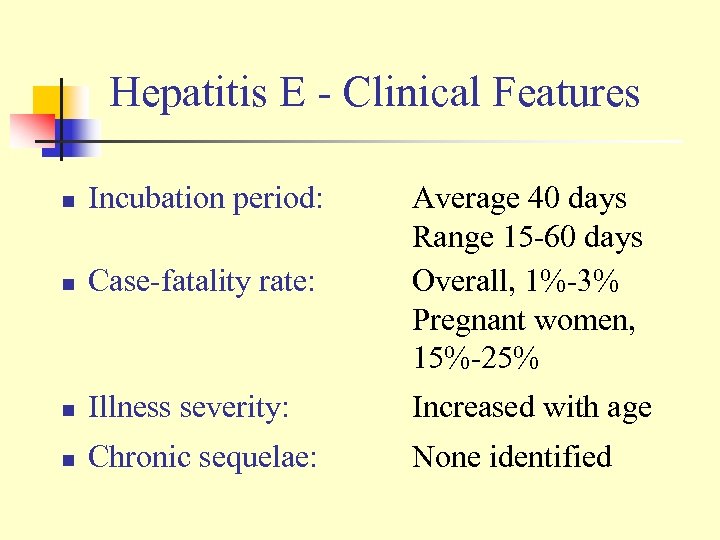 Hepatitis E - Clinical Features n Incubation period: n Case-fatality rate: Average 40 days
