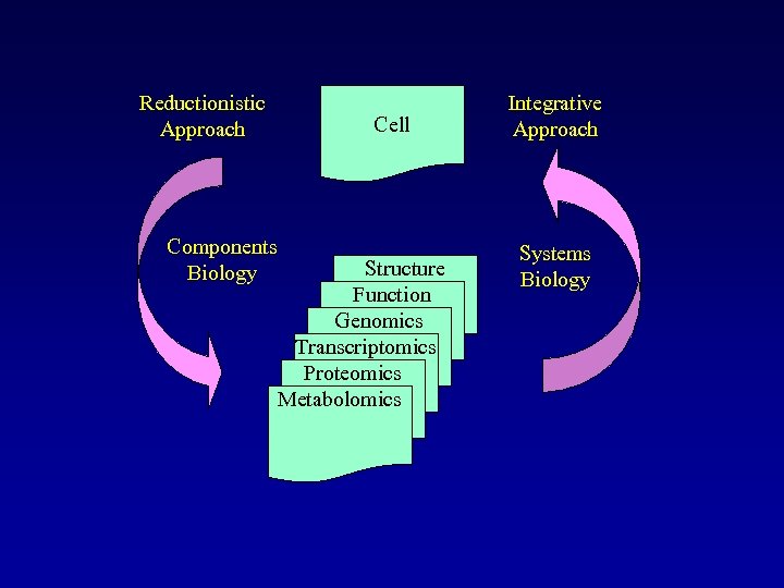 Reductionistic Approach Components Biology Cell Structure Function Genomics Transcriptomics Proteomics Metabolomics Integrative Approach Systems