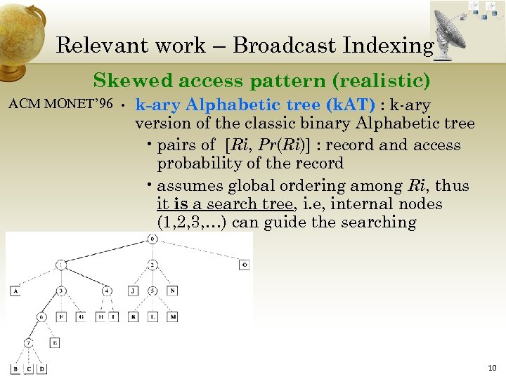 Relevant work – Broadcast Indexing Skewed access pattern (realistic) ACM MONET’ 96 • k-ary
