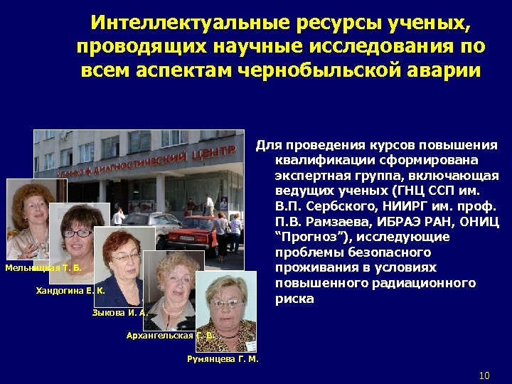Интеллектуальные ресурсы ученых, проводящих научные исследования по всем аспектам чернобыльской аварии Для проведения курсов