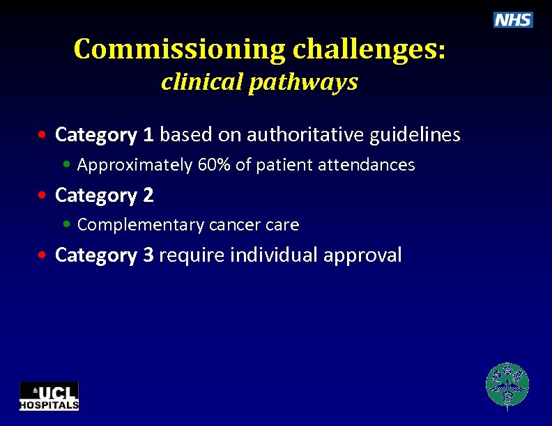 Commissioning challenges: clinical pathways • Category 1 based on authoritative guidelines • Approximately 60%