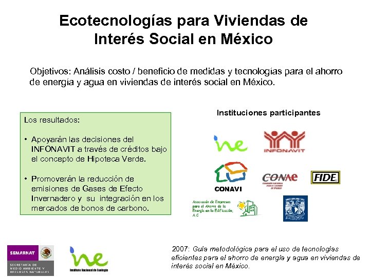 Ecotecnologías para Viviendas de Interés Social en México Objetivos: Análisis costo / beneficio de
