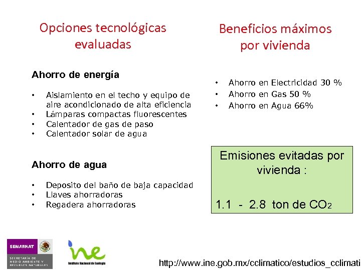 Opciones tecnológicas evaluadas Ahorro de energía • • Aislamiento en el techo y equipo