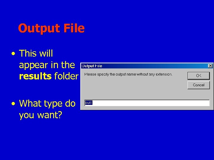 Output File • This will appear in the results folder • What type do