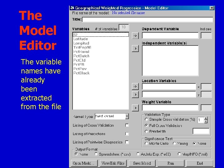The Model Editor The variable names have already been extracted from the file 