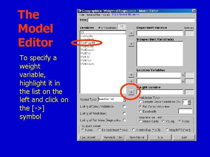 The Model Editor To specify a weight variable, highlight it in the list on